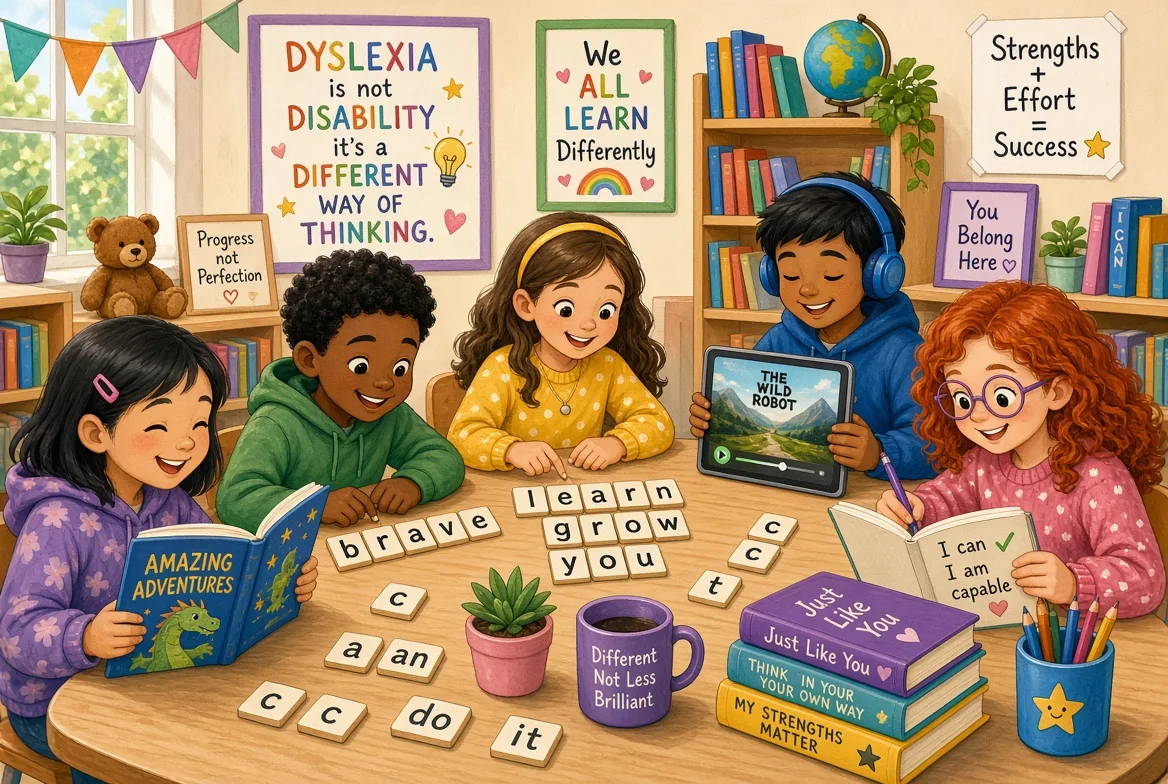 Students working together at a table with letter tiles and books in a classroom decorated with encouraging messages