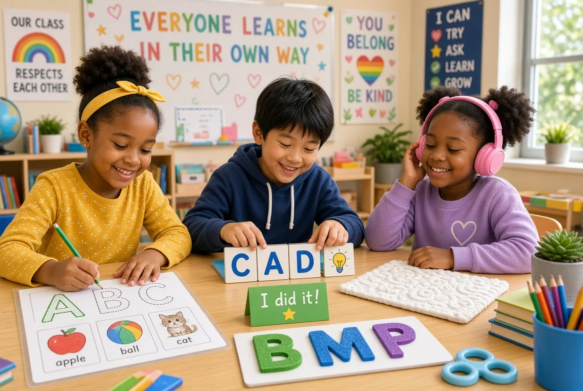 Three elementary students smiling and working together with letter tiles and phonics cards in an inclusive classroom