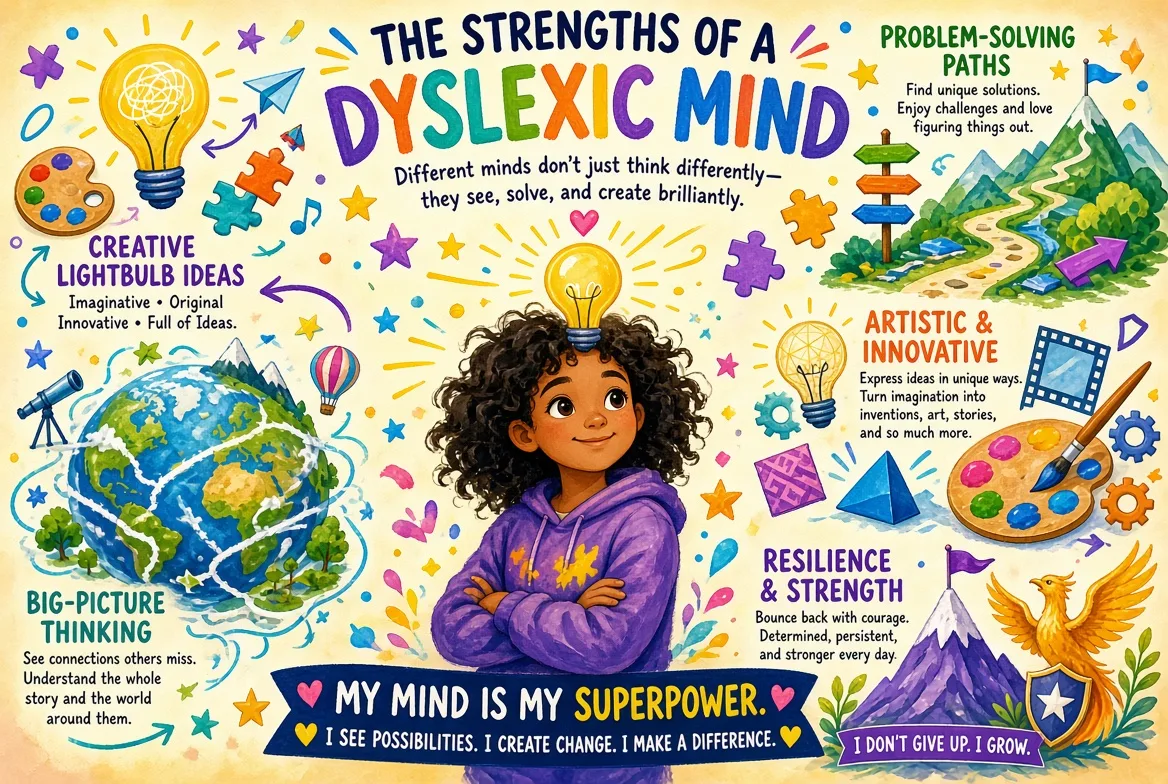 Infographic illustrating how dyslexia affects decoding while leaving comprehension and reasoning intact