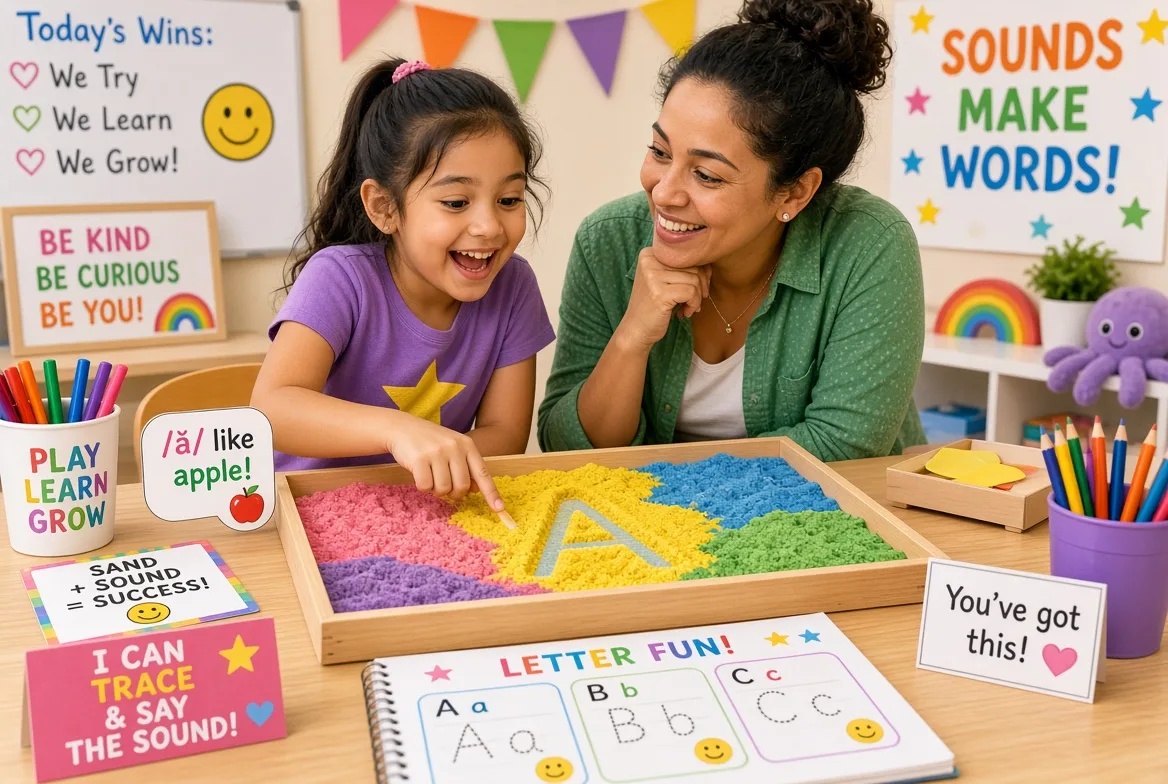A parent and child tracing a letter in a tray of colored sand