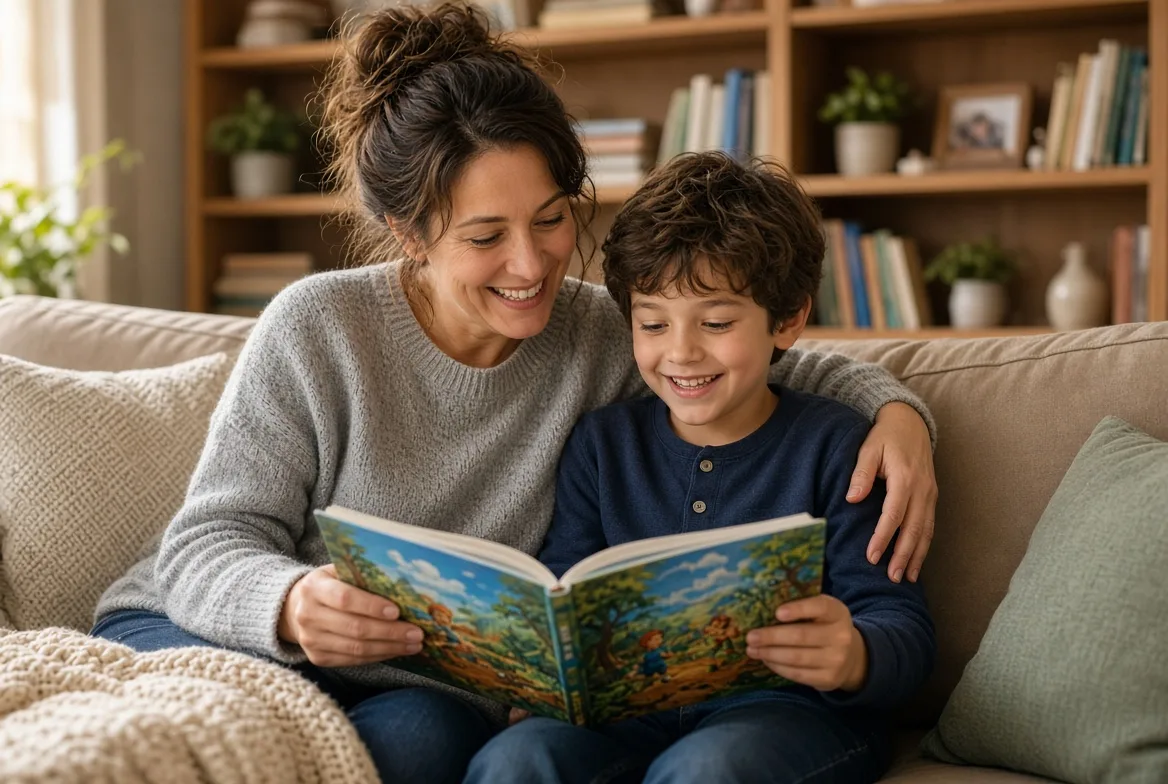 A parent and child reading together on a couch