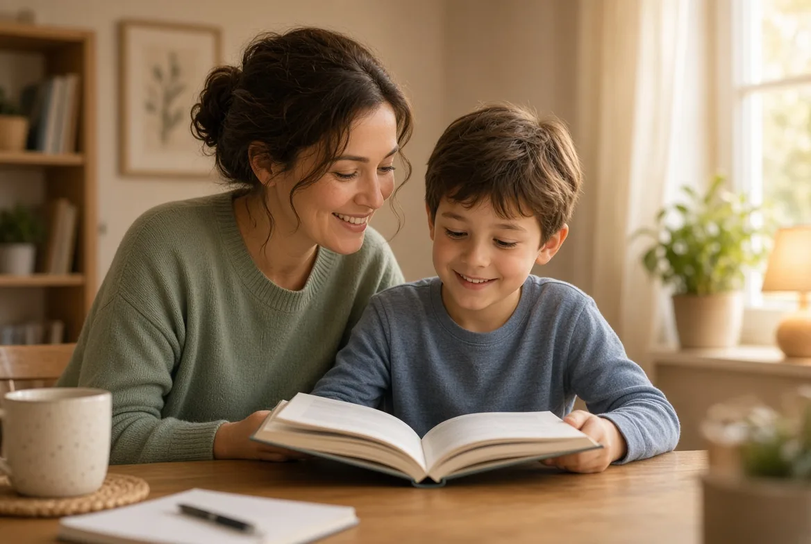 A parent and child reading together, supported by a reader pen