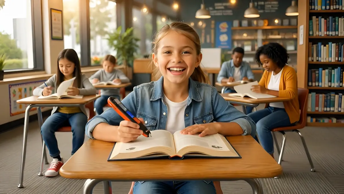 A student holding a reading card while using a scanning pen for text-to-speech support